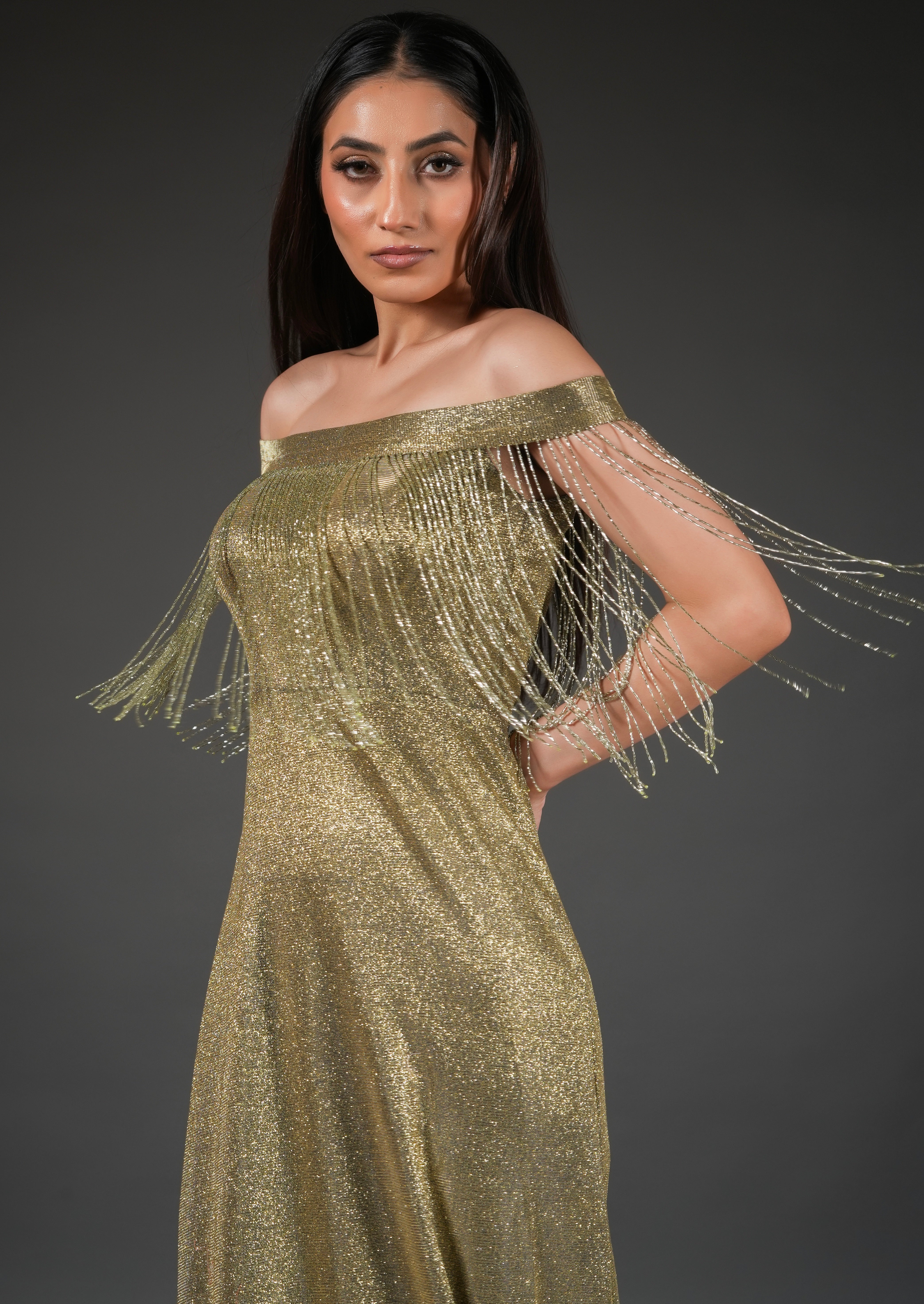 GOLD SHIMMER DRESS WITH LONG TASSELS