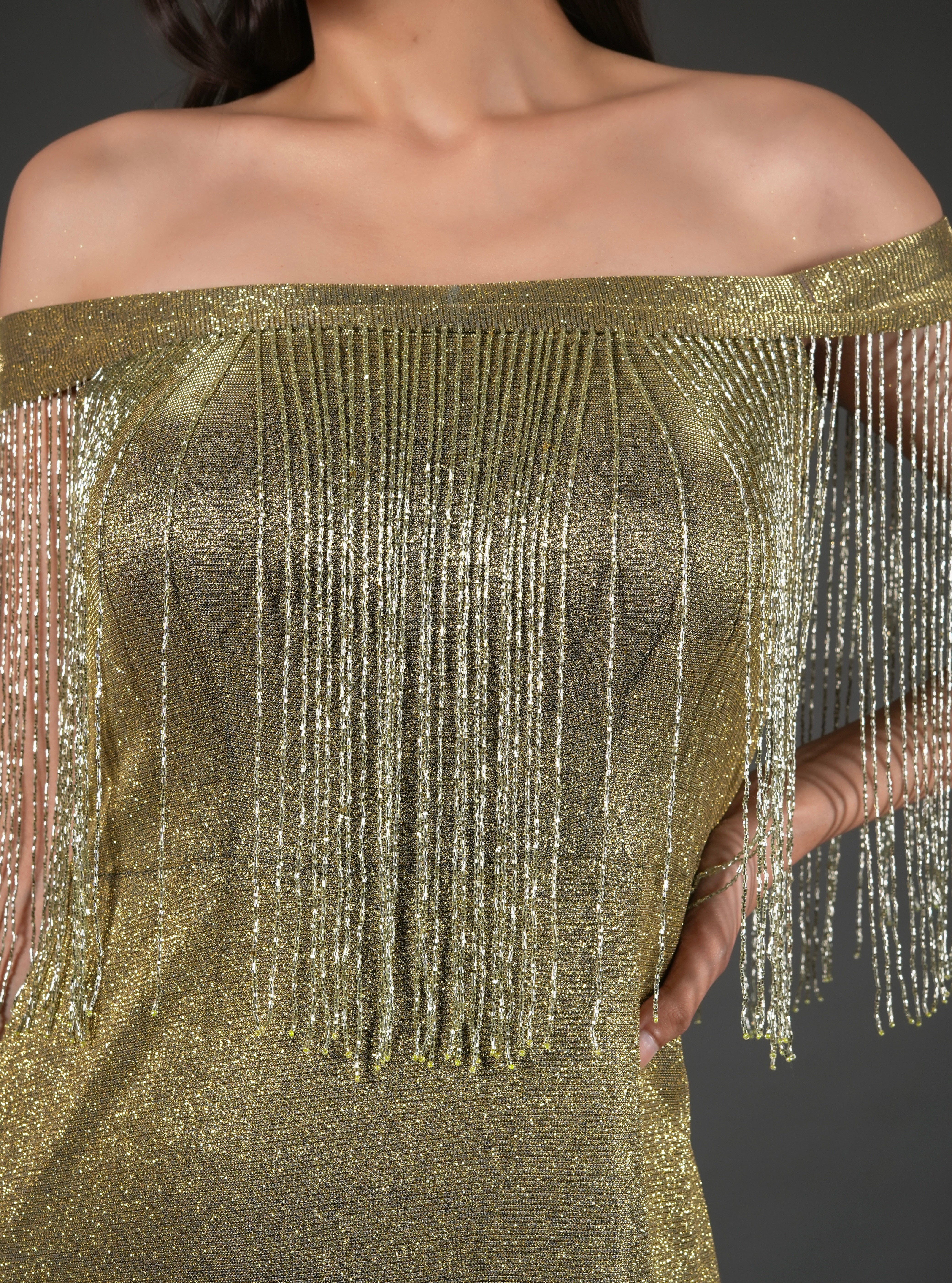 GOLD SHIMMER DRESS WITH LONG TASSELS