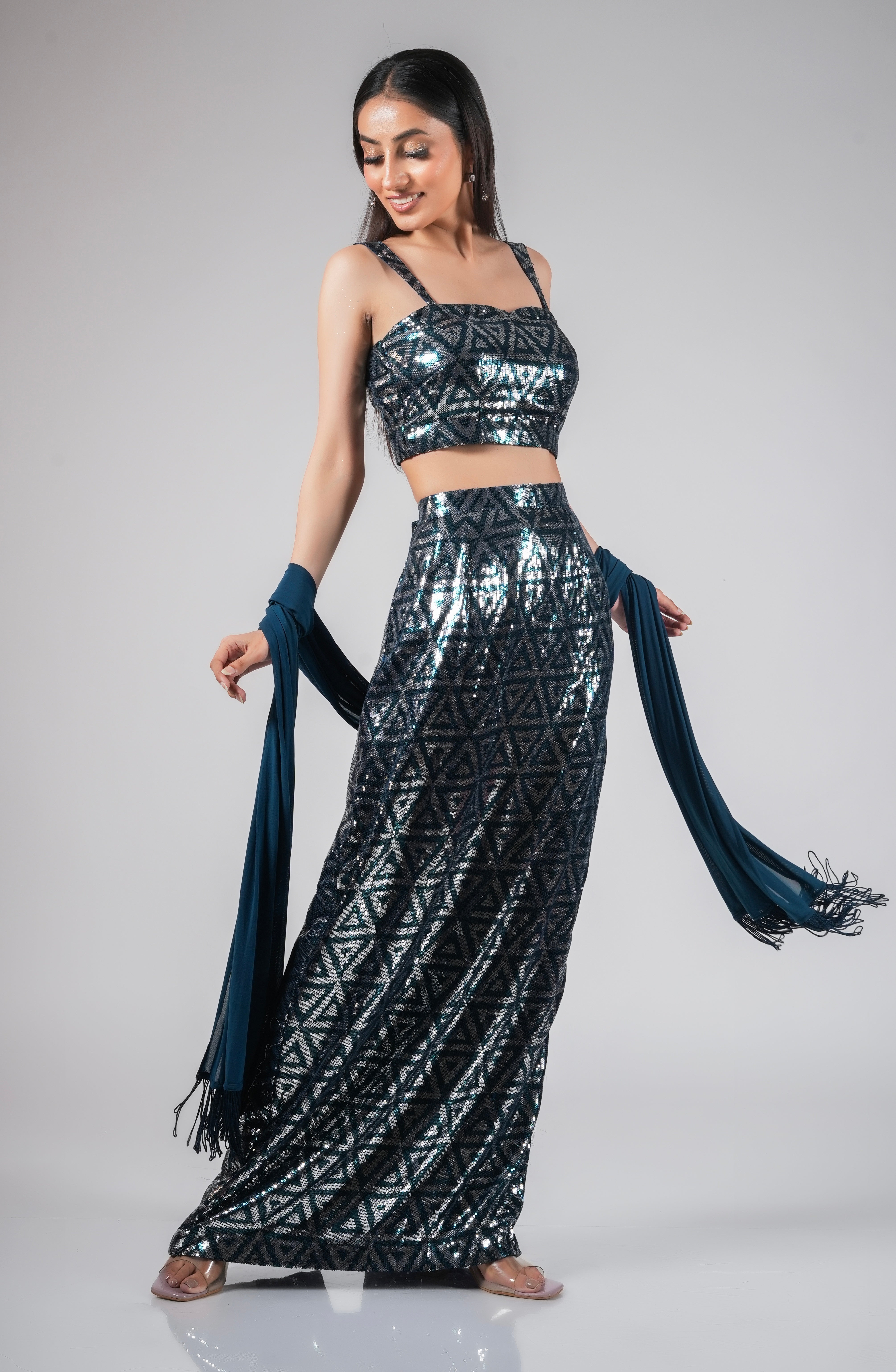 TWO PIECE BLUE SEQUIN SET WITH TASSEL DUPATTA