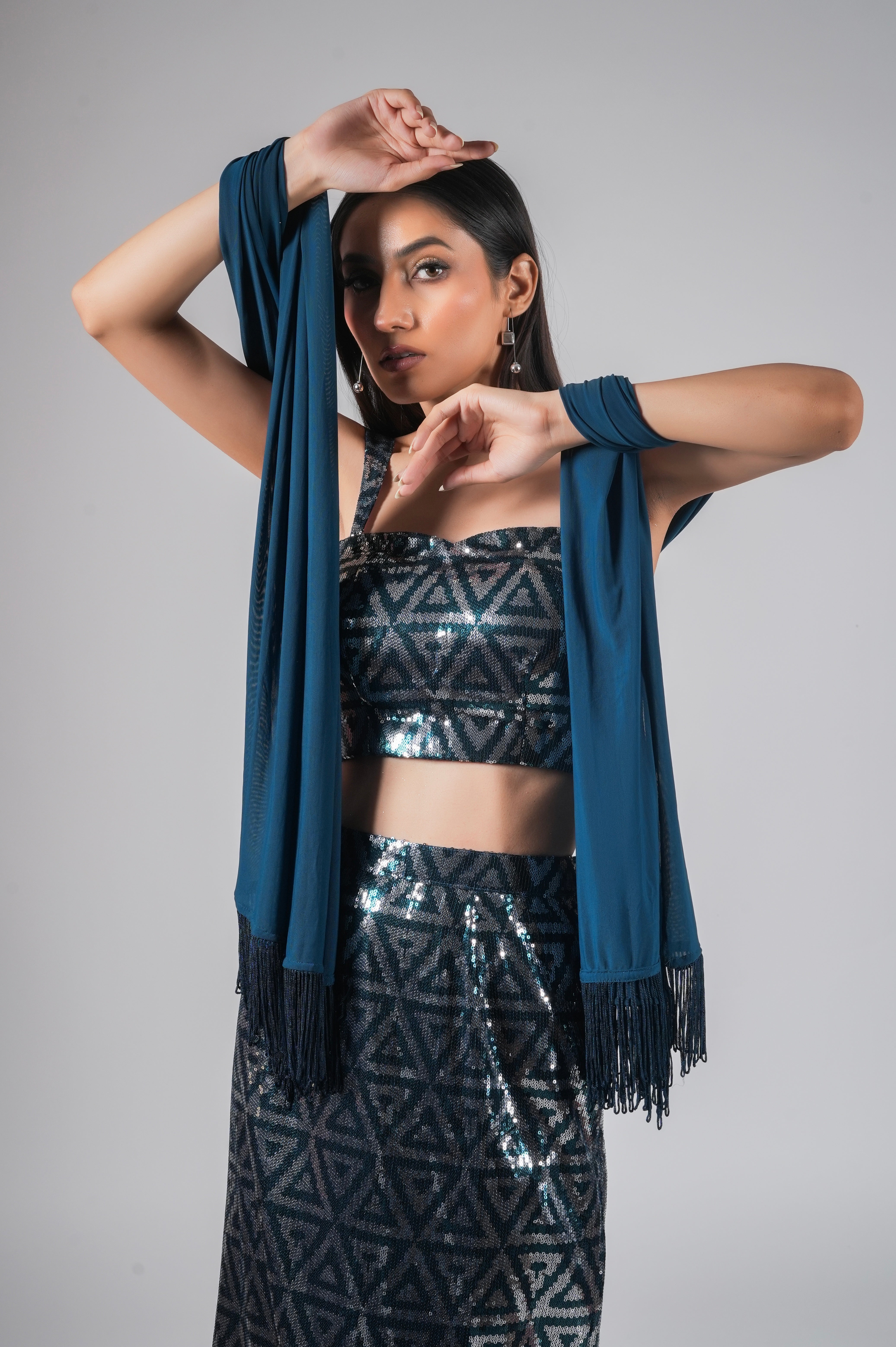 TWO PIECE BLUE SEQUIN SET WITH TASSEL DUPATTA