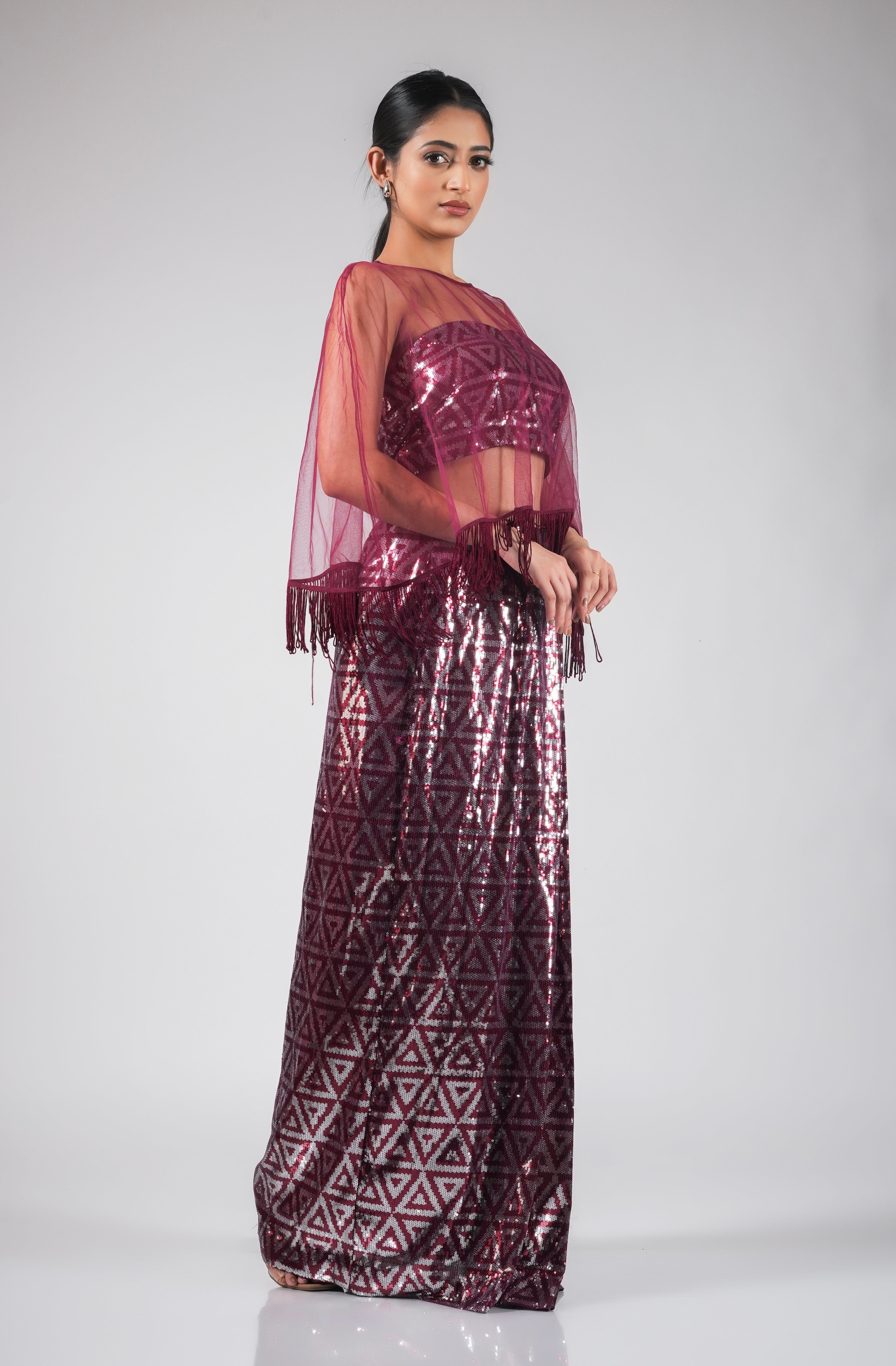 THREE PIECE RED SEQUIN SET WITH TASSEL CAPE