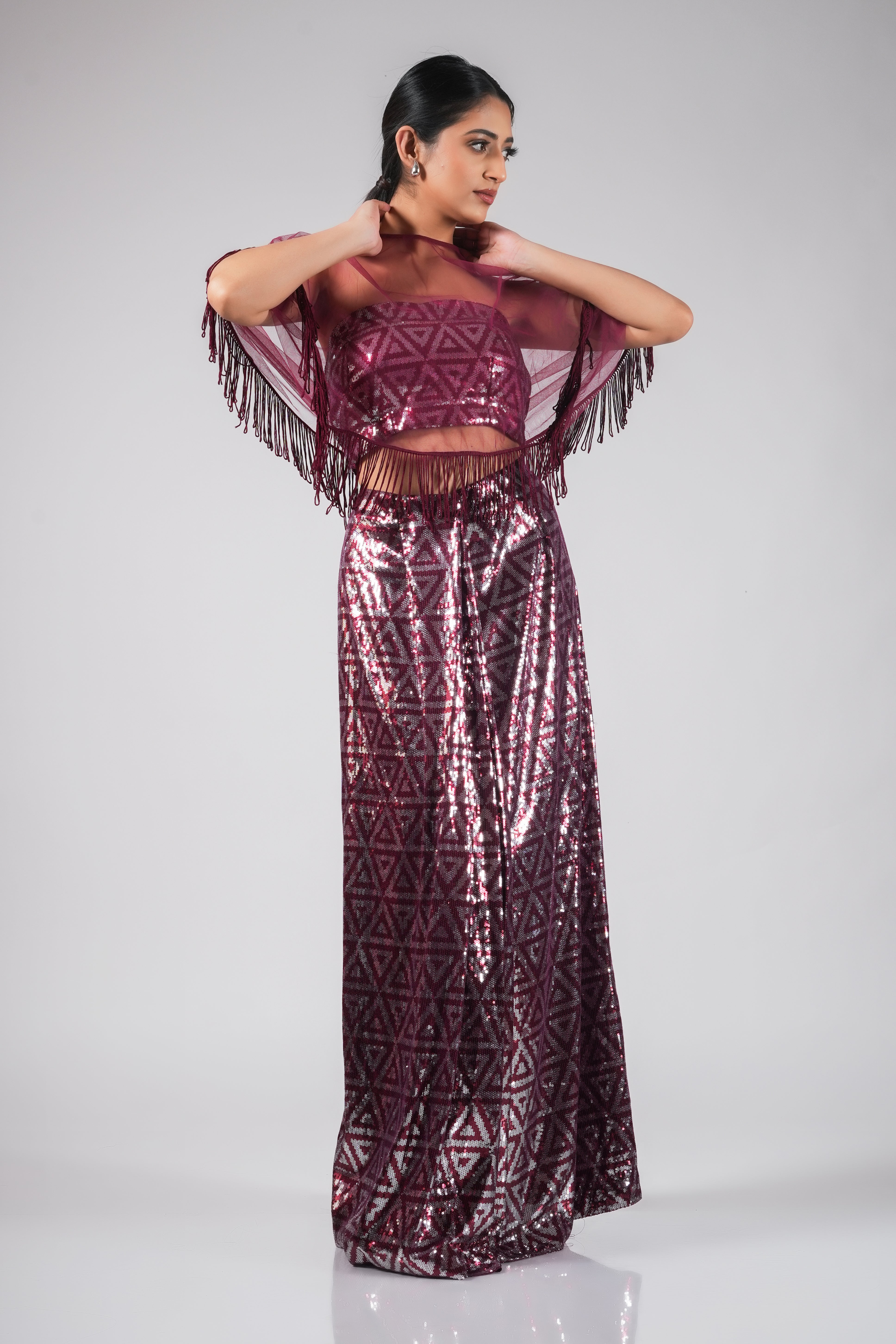 THREE PIECE RED SEQUIN SET WITH TASSEL CAPE