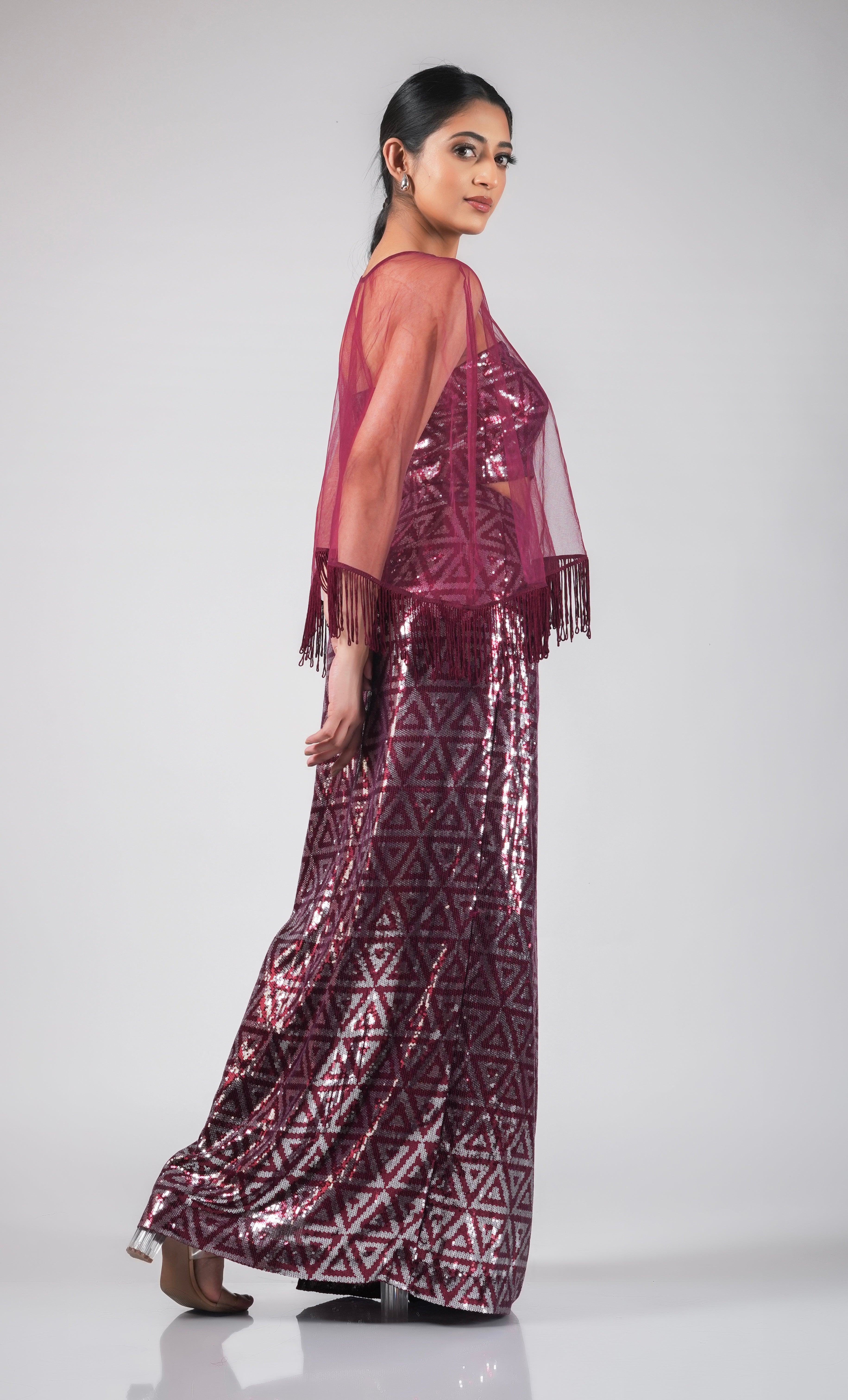 THREE PIECE RED SEQUIN SET WITH TASSEL CAPE