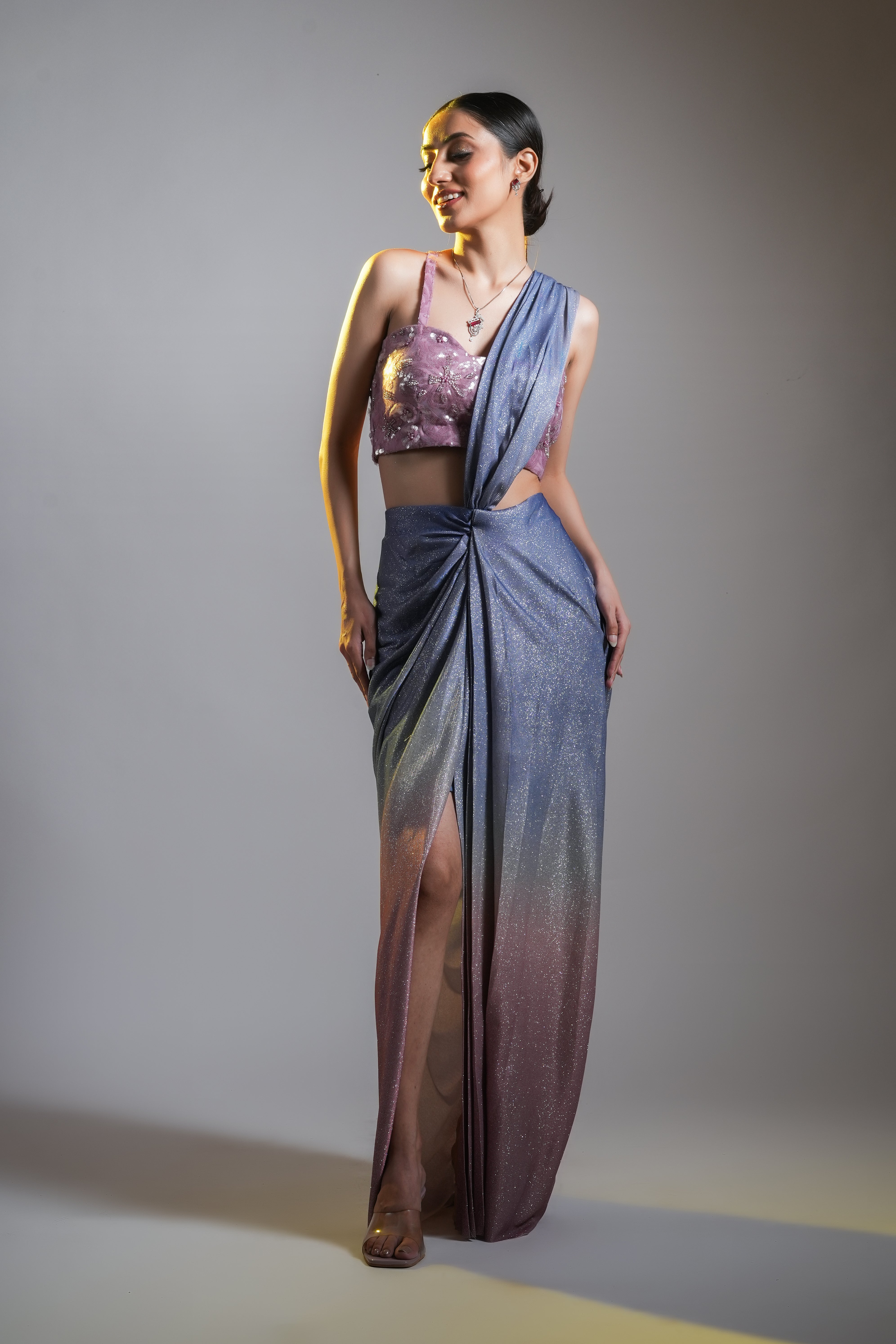 OMBRÉ SHIMMER PRE DRAPED SAREE WITH SLIT
