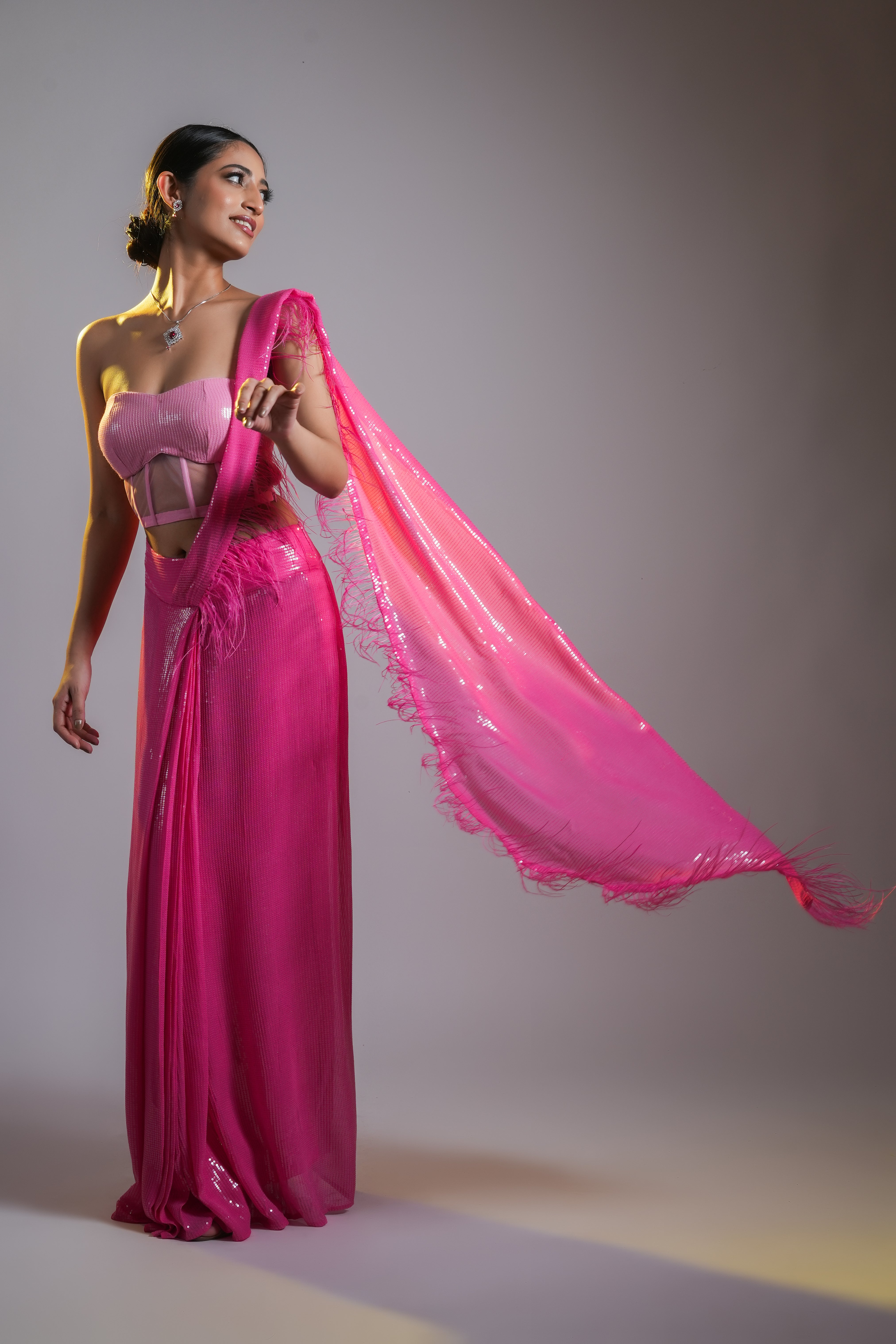 PRE DRAPED SEQUIN SAREE WITH CORSET BLOUSE