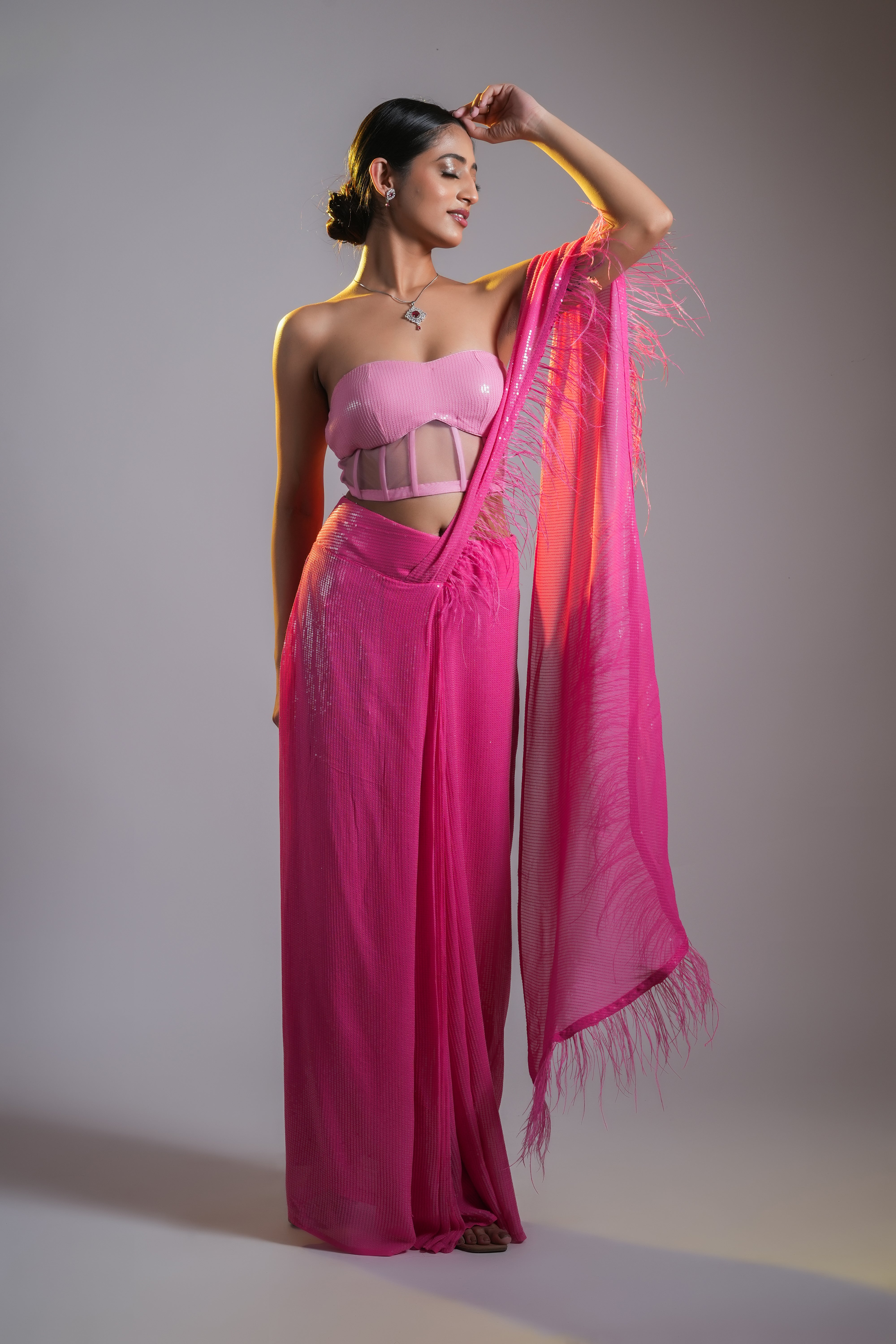 PRE DRAPED SEQUIN SAREE WITH CORSET BLOUSE